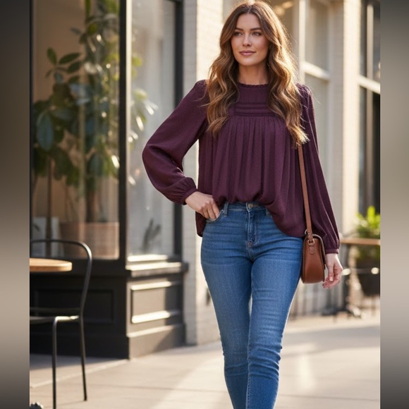 Gentle Fawn Tops - Gentle Fawn Burgundy Polka Dot With flare Long Sleeve Blouse